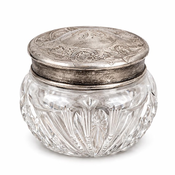 Antique Sterling Silver Cut Crystal Vanity Jar – 1908 Repoussé Monogrammed Lid