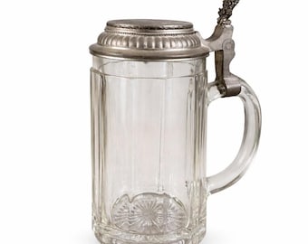 Antique German Beer Stein | Clear Glass, Pewter Lid (Late 1800s-Early 1900s)
