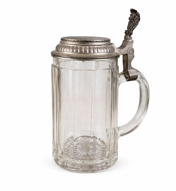 Antique German Beer Stein | Clear Glass, Pewter Lid (Late 1800s-Early 1900s)