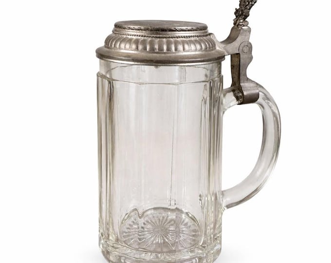 Antique German Beer Stein | Clear Glass, Pewter Lid (Late 1800s-Early 1900s)