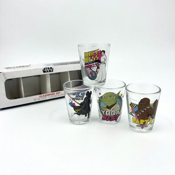 Disney Star Wars Shot Glass Set – Vintage Style Character Glassware Set of 4 – 1.5 oz Mini Glasses – Retro Star Wars Barware in Original Box