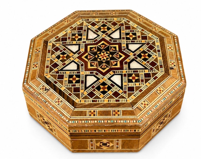 Vintage Syrian Marquetry Jewelry Box Octagonal Wood Mosaic Mother of Pearl Inlay Middle Eastern Trinket Box