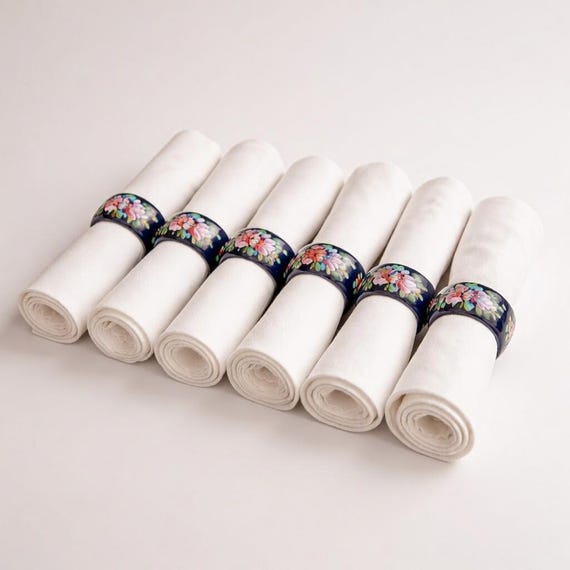 Vintage Russian Traditional Handpainted Floral Lacquered Napkin Rings Set of 6