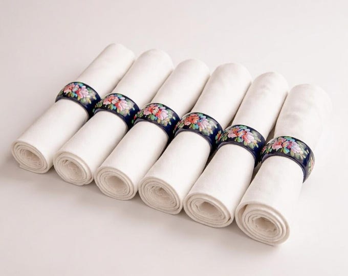 Vintage Russian Traditional Handpainted Floral Lacquered Napkin Rings Set of 6