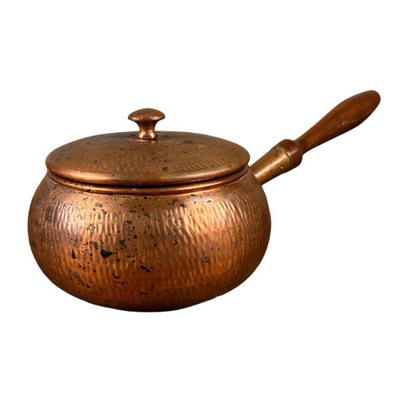 Vintage Hammered Copper Fondue Pot with Wooden Handle and Lid  Mid Century Copper Cookware