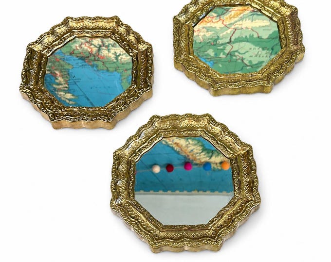 Set of 3 Vintage Burwood Octagonal Mirrors, Gold Gilded Hollywood Regency Wall Decor