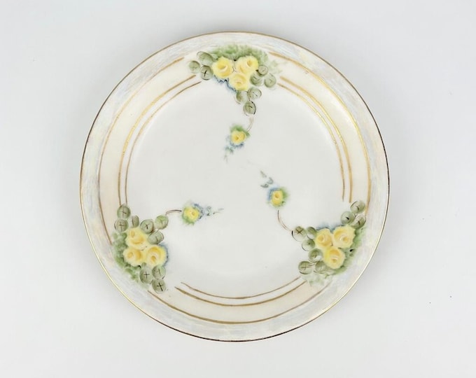 Antique Bavarian Porcelain Plate – Hand-Painted Yellow Roses, Gold Trim (6 3/4")