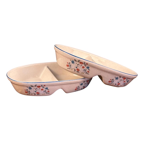 Vintage Action Stoneware Country Classics Divided Serving Dishes | Geese & Floral | Set of 2