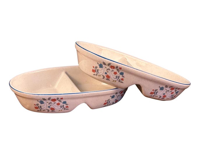 Vintage Action Stoneware Country Classics Divided Serving Dishes | Geese & Floral | Set of 2