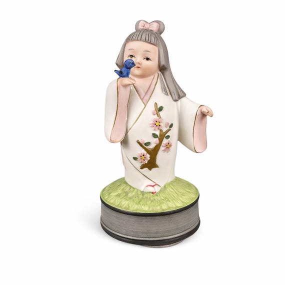 Vintage Hakata Doll Musical Figurine | Hand-Painted Ceramic Kimono Girl Bluebird Japan Decor