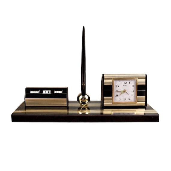 Vintage Taiyo Desk Set, Gold and Black, Perpetual Calendar, Japan, 1970s