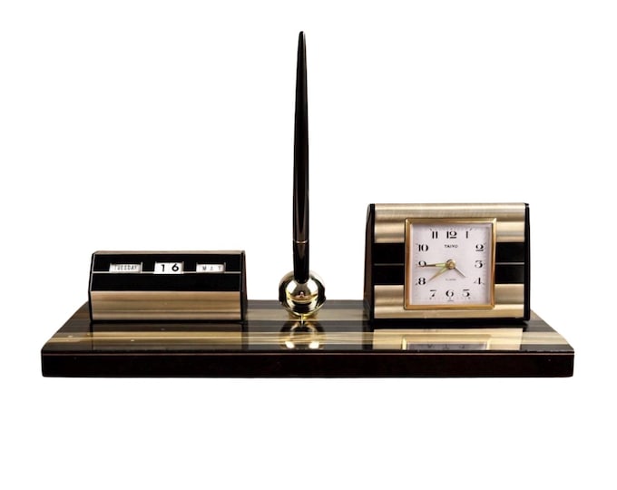 Vintage Taiyo Desk Set, Gold and Black, Perpetual Calendar, Japan, 1970s