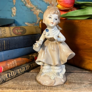 Girl in Dress Ponytail with Flowers Porcelain Figurine Made In Taiwan