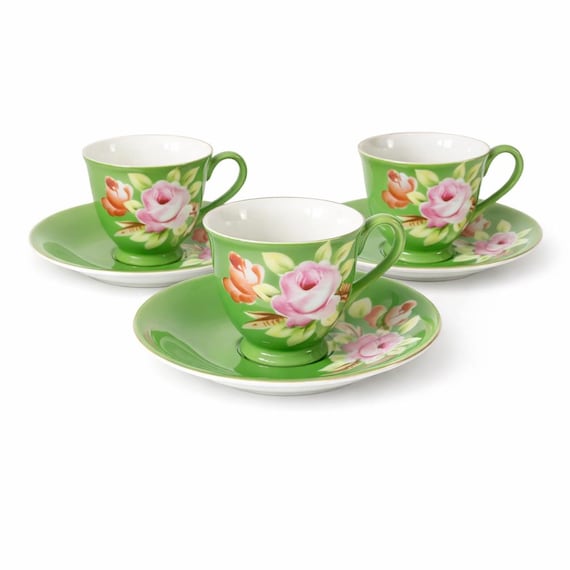 Sold Individually - Shofu Occupied Japan Vintage 2 1/8" Demitasse Cup & Saucers Green W/Floral