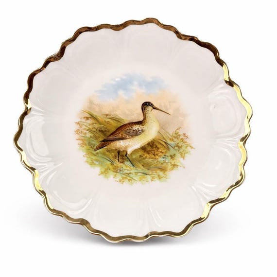 Antique Bavarian Porcelain Decorative Plate with Woodcock/Sandpiper Bird in Marsh/Woodland - Germany