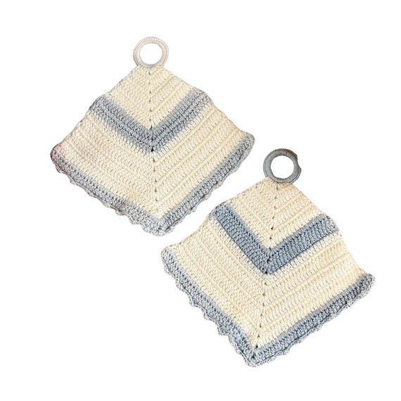 VTG Hand Crocheted Blue w White Potholders Trivets Vintage Kitchen Decor Cottage Kitsch 50s