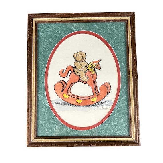 Vintage Jeanne Mack Teddy Bear Rocking Horse Giclée Print – Signed Childrens Illustration