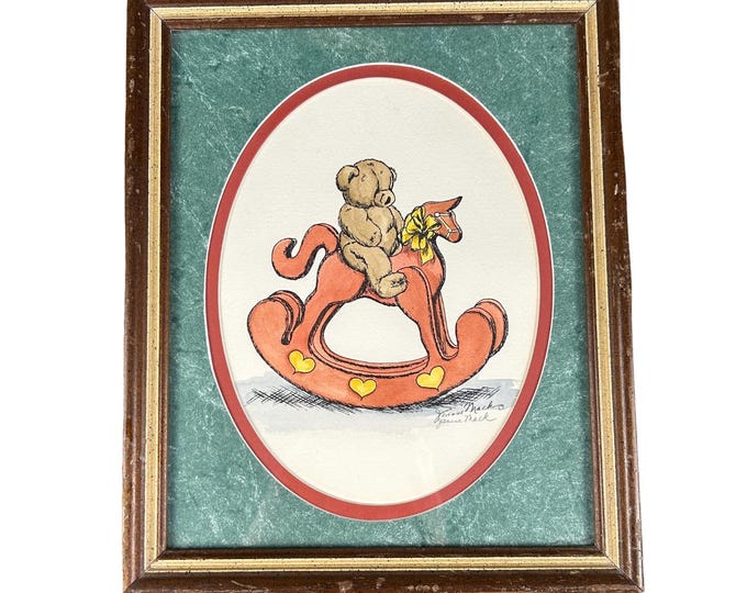 Vintage Jeanne Mack Teddy Bear Rocking Horse Giclée Print – Signed Childrens Illustration