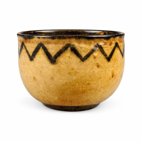 Studio Pottery Chawan Tea Bowl | Handmade Rustic Earthenware | Zig-Zag Glaze Pattern