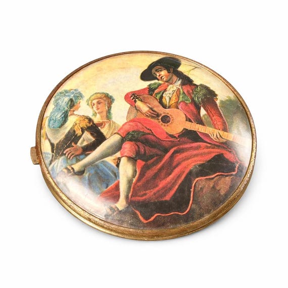 Vintage 1940s Compact Mirror, Gold Tone Folk Art Guitarist, 3.5" Round