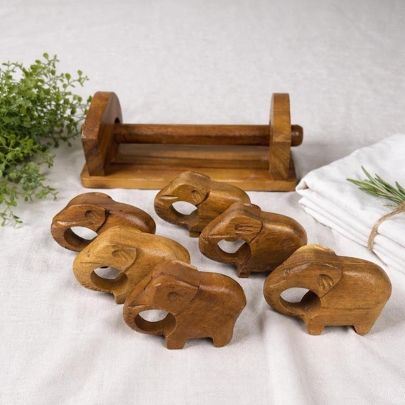 Set of 6 Vintage Hand-Carved Wood Elephant Napkin Rings with Holder - Philippines
