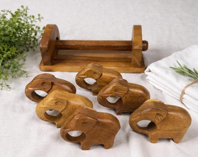 Set of 6 Vintage Hand-Carved Wood Elephant Napkin Rings with Holder - Philippines