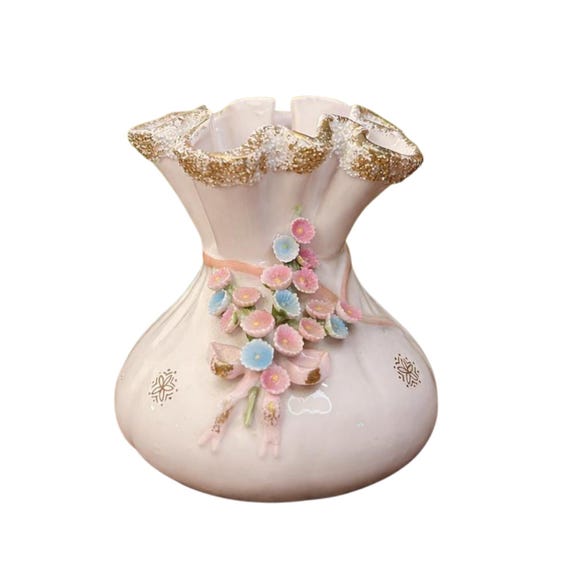 Vintage Lefton Pink Gold Floral Applique Flower Ruffled Rim Vase 4 1/2" Cottage Core