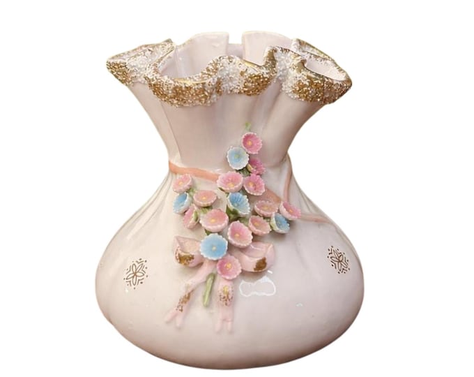 Vintage Lefton Pink Gold Floral Applique Flower Ruffled Rim Vase 4 1/2" Cottage Core