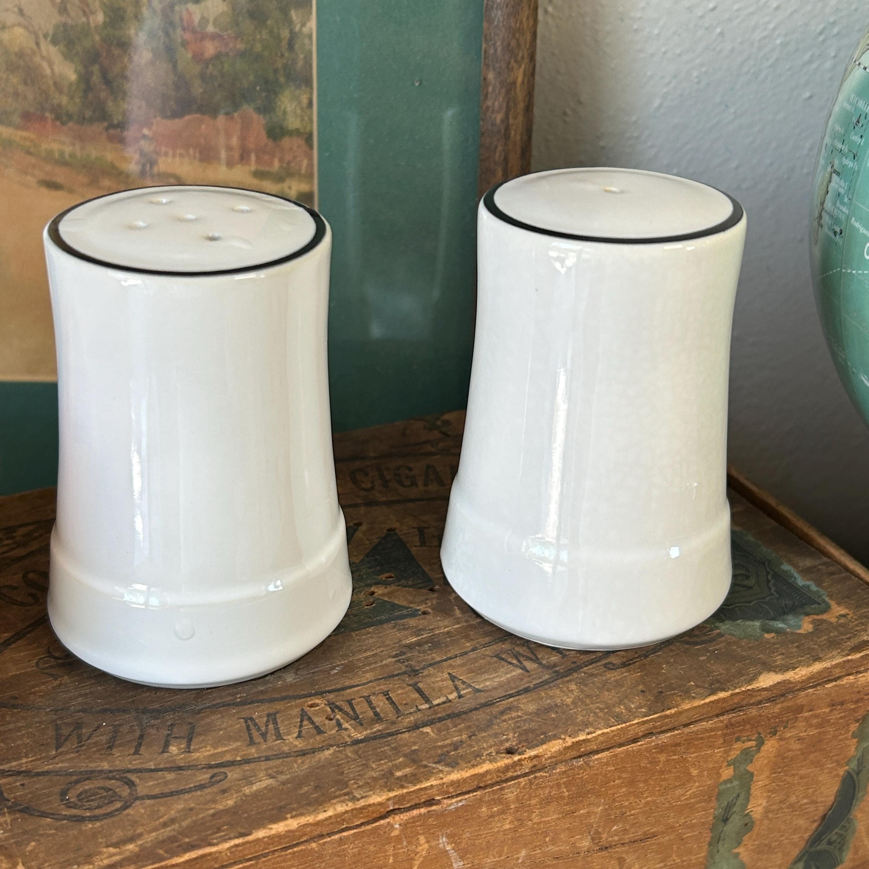 Vintage Royal Prestige Salt and Pepper Shakers: White with Black Stripe
