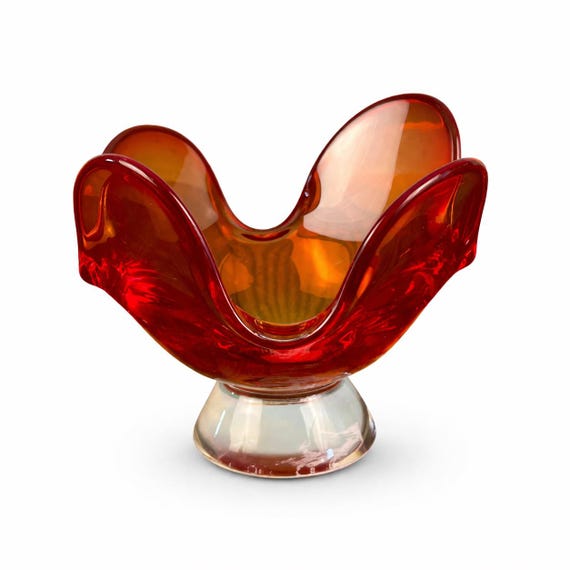 Vintage Norcrest Amberina Tulip Compote Dish, MCM Persimmon Art Glass Bowl
