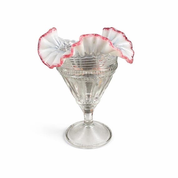 C 1902 Jefferson Glass FLUTED BARS and BEADS 7" Vase Opalescent Ruffle Pink Dots