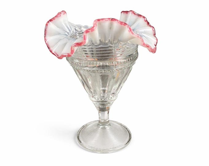 Antique 1902 Jefferson Glass FLUTED BARS and BEADS 7" Vase Opalescent Ruffle Pink Dots