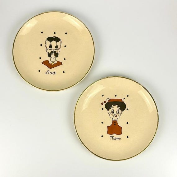 Vintage 50s Mom & Dad Plates: 22k Gold Rim Decorative Set