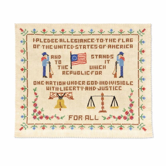 Vintage Americana Cross Stitch Sampler – Pledge of Allegiance Embroidery Folk Art Wall Decor