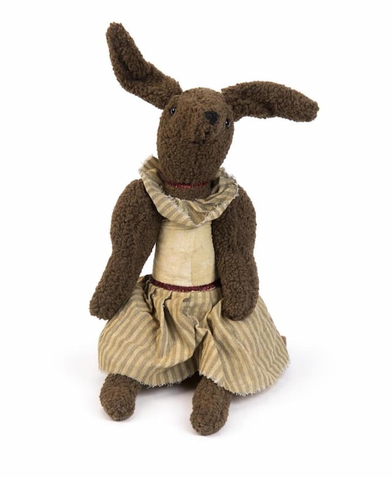Primitives by Kathy Plush Rabbit Doll: Striped Dress, Bendable Ears