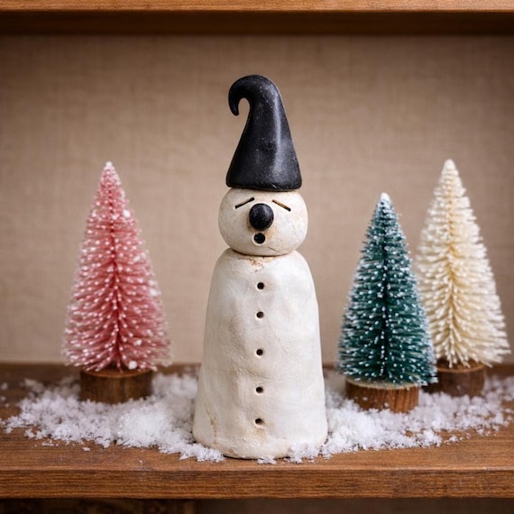 Handcrafted Polymer Clay Snowman Figurine: 'Augustus' Whimsical Folk Art Winter Decor