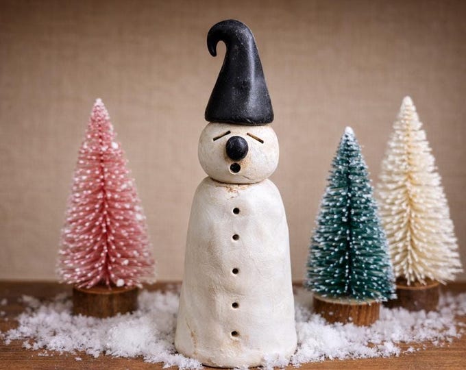 Handcrafted Polymer Clay Snowman Figurine: 'Augustus' Whimsical Folk Art Winter Decor