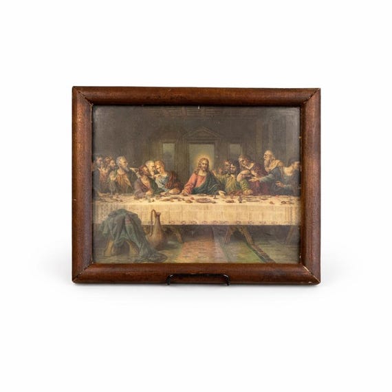 Antique Last Supper Print, Leonardo da Vinci Lithograph, Vintage Wood Frame Christian Art