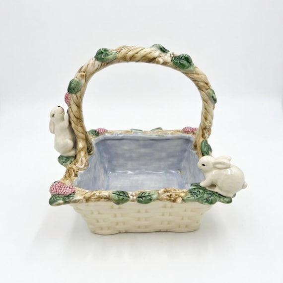 Vintage Fitz and Floyd Ceramic Easter Bunny Basket | Cottagecore Spring Decor Planter