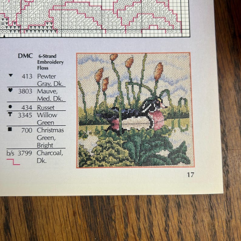 May include: A cross-stitch pattern featuring a detailed image of a duck in a pond with cattails. The color palette includes shades of green, brown, pink, and blue. The pattern is on a white background with a list of DMC embroidery floss colors.