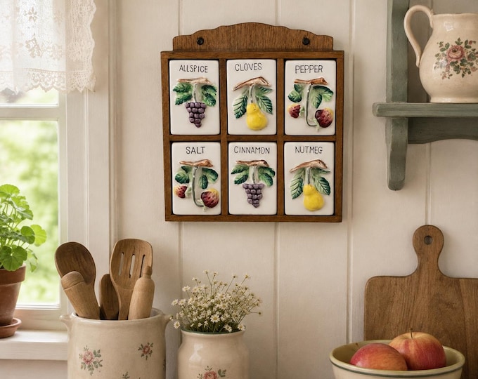 Vintage Japan Spice Jar Set 6 Piece Ceramic Fruit Shakers Wooden Wall Rack Mid Century Kitchen Decor