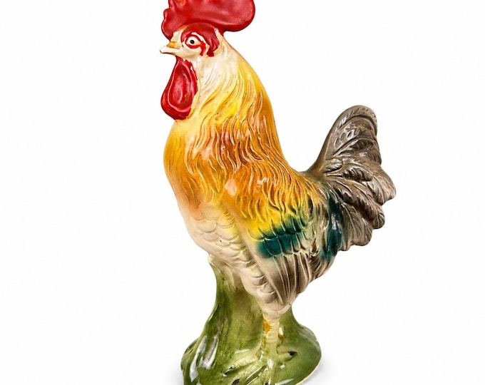Vintage Ceramic Rooster Figurine: Japan Red Yellow Green Farmhouse Folk Art Decor