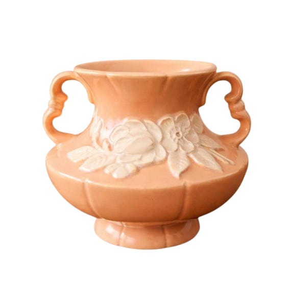 Weller Pottery Beige/Peach Double Handled Vase with White Cameo Rose Flower ~ 5 1/4 inches