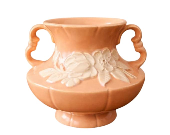 Weller Pottery Beige/Peach Double Handled Vase with White Cameo Rose Flower ~ 5 1/4 inches