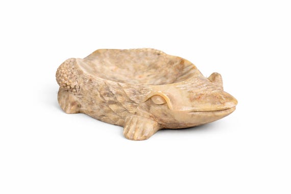 Vintage Carved Soapstone Frog Dish – Trinket Tray, Ashtray, Animal Decor (6” Bowl)