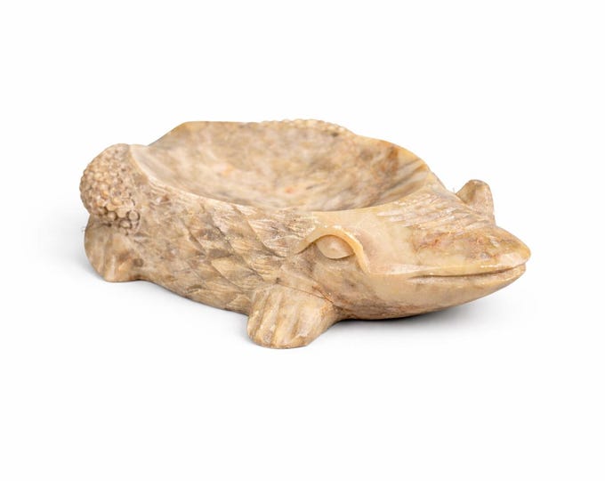Vintage Carved Soapstone Frog Dish – Trinket Tray, Ashtray, Animal Decor (6” Bowl)