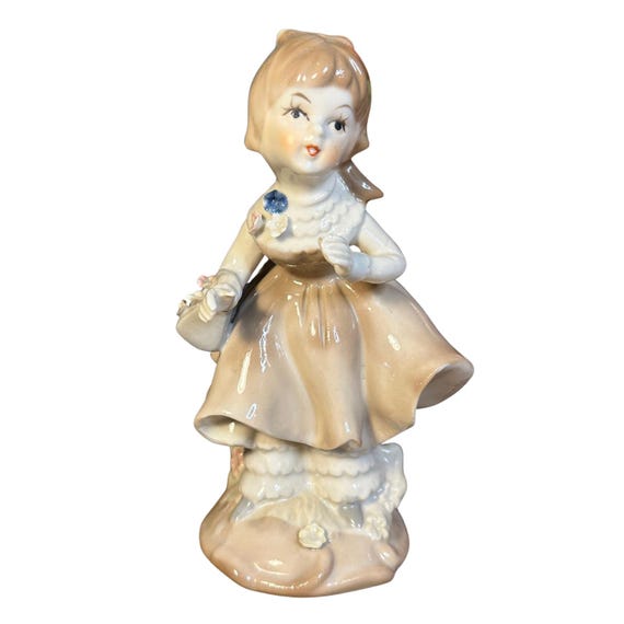 Girl in Dress Ponytail with Flowers Porcelain Figurine Made In Taiwan