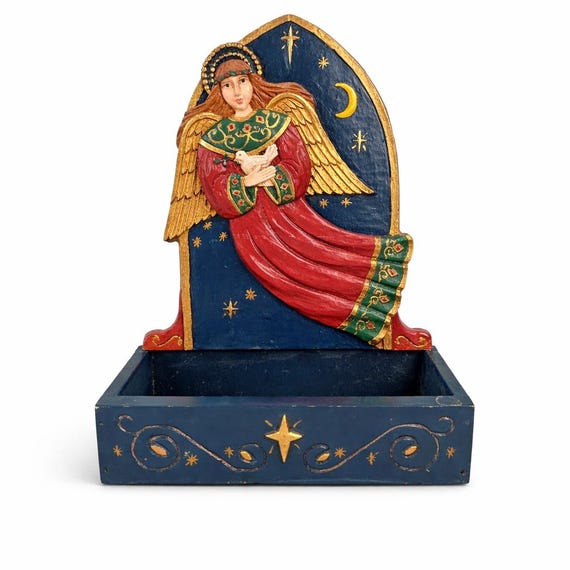 Vintage Hand Carved Angel Card Holder | Folk Art Christmas Mail Organizer