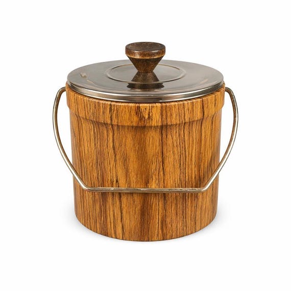 Vintage 1970s Mid Century Modern Vinyl Faux Wood Ice Bucket - Super Clean!
