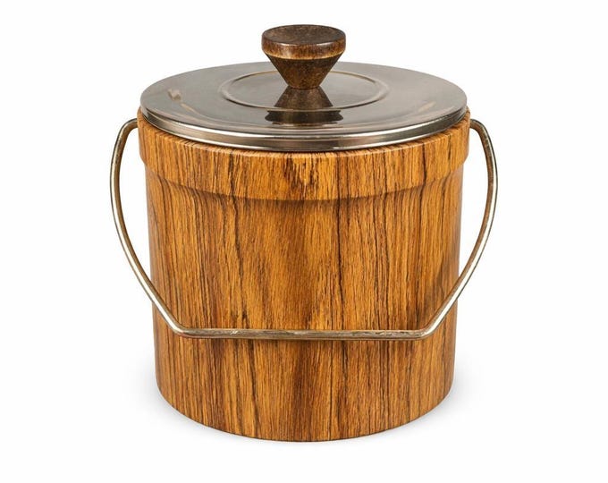 Vintage 1970s Mid Century Modern Vinyl Faux Wood Ice Bucket - Super Clean!